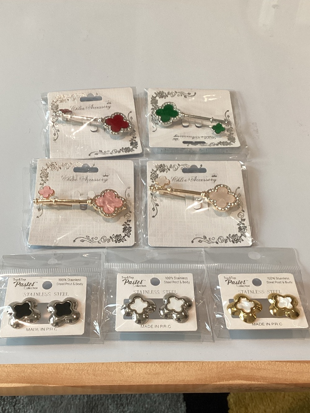 Clover brooches and earrings - Pink, Red, Green, Black, White, Gold